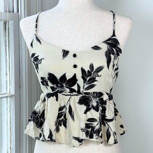 Monteau Cream White Peplum Camisole Top Linen Blend Small Black Floral